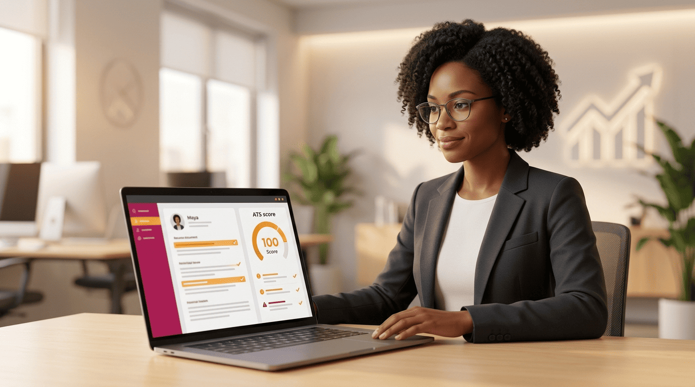A career analyst reviewing a resume on a laptop that displays an ATS score gauge and highlighted lines