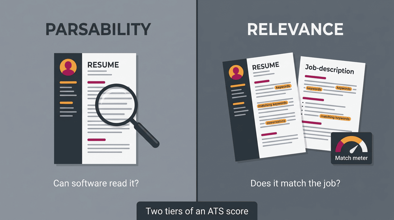 Split comparison of parsability versus relevance — can software read the resume versus does it match the job