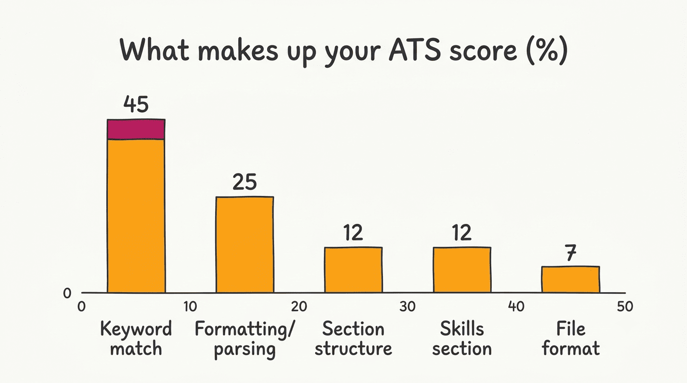 Bar chart of ATS score weights: keyword match 45%, formatting 25%, section structure 12%, skills 12%, file format 7%