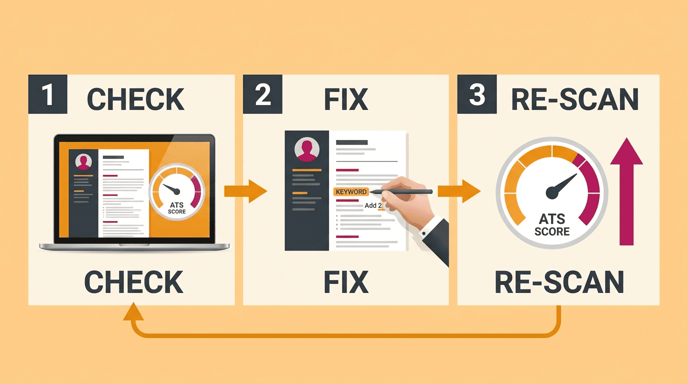 Three-step loop: check the resume, fix the weak sub-score, re-scan to watch the score rise
