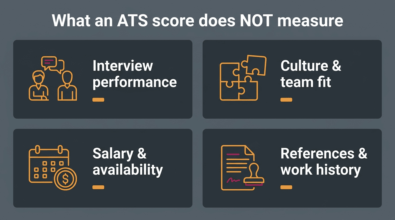 Infographic of four things an ATS score does not measure: interview performance, culture fit, salary, references