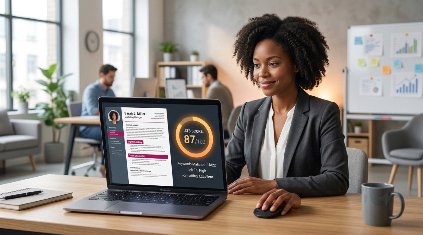 A resume being scored by an AI resume checker with a clear ATS score, keyword match count, and formatting rating