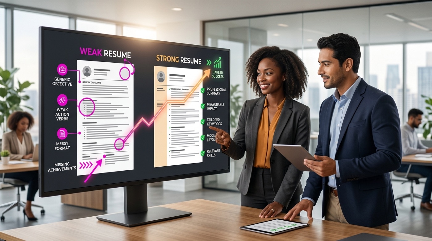 A before-and-after comparison of a weak resume with flagged issues versus a fixed, stronger resume with green checkmarks