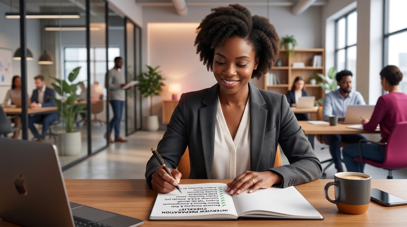 An interview prep checklist with likely questions and green checkmarks beside a calm, prepared candidate