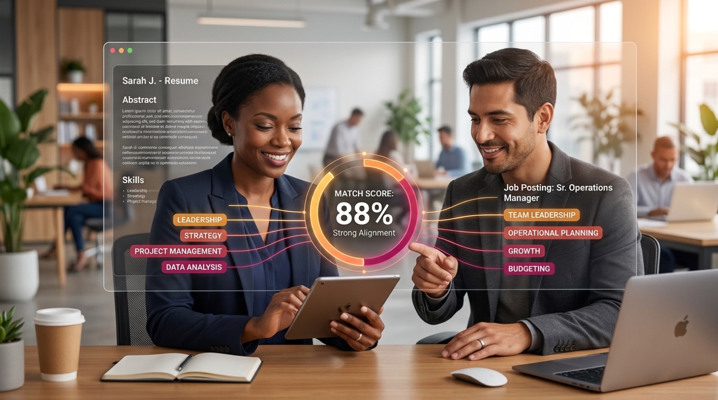 A resume matched to a job posting, with shared keywords connected and a match-score gauge