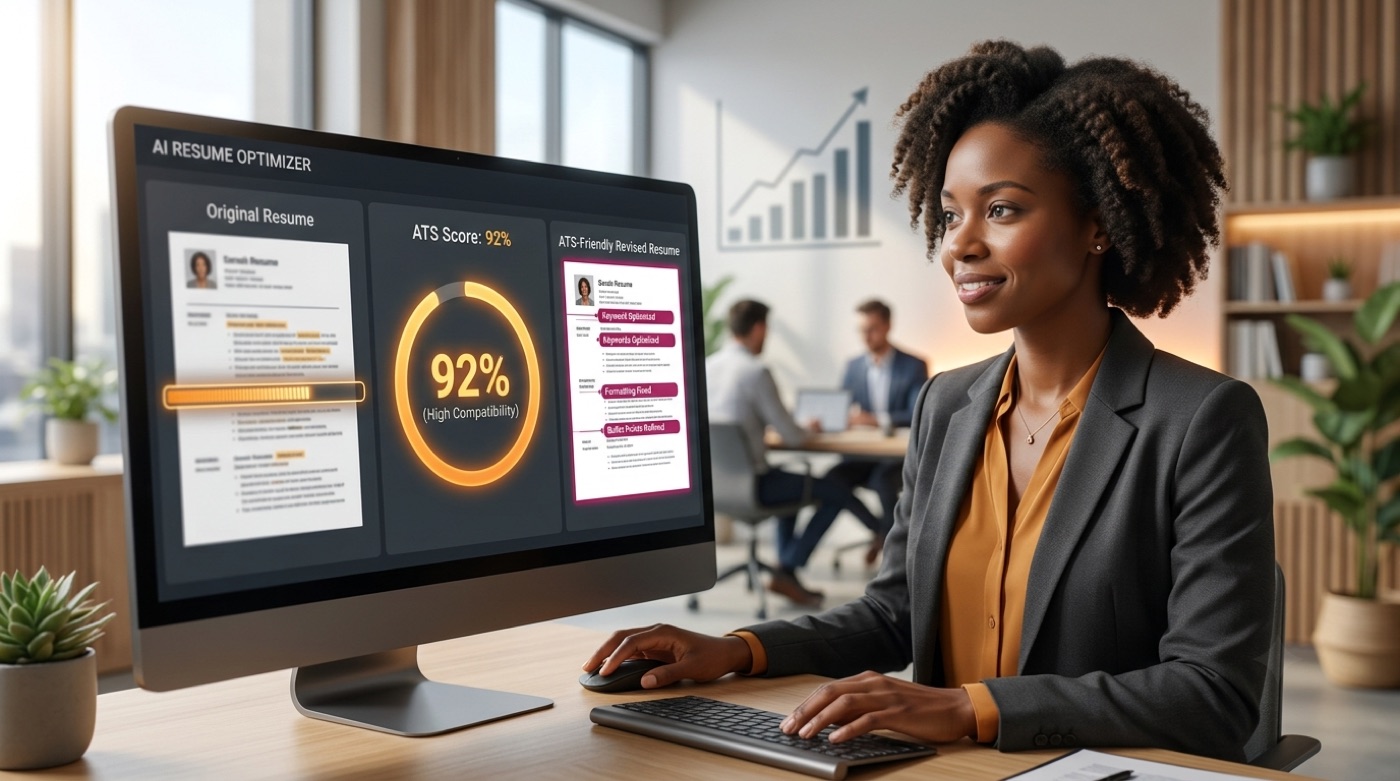 An AI resume checker scanning a resume line by line and showing a rising circular ATS score gauge