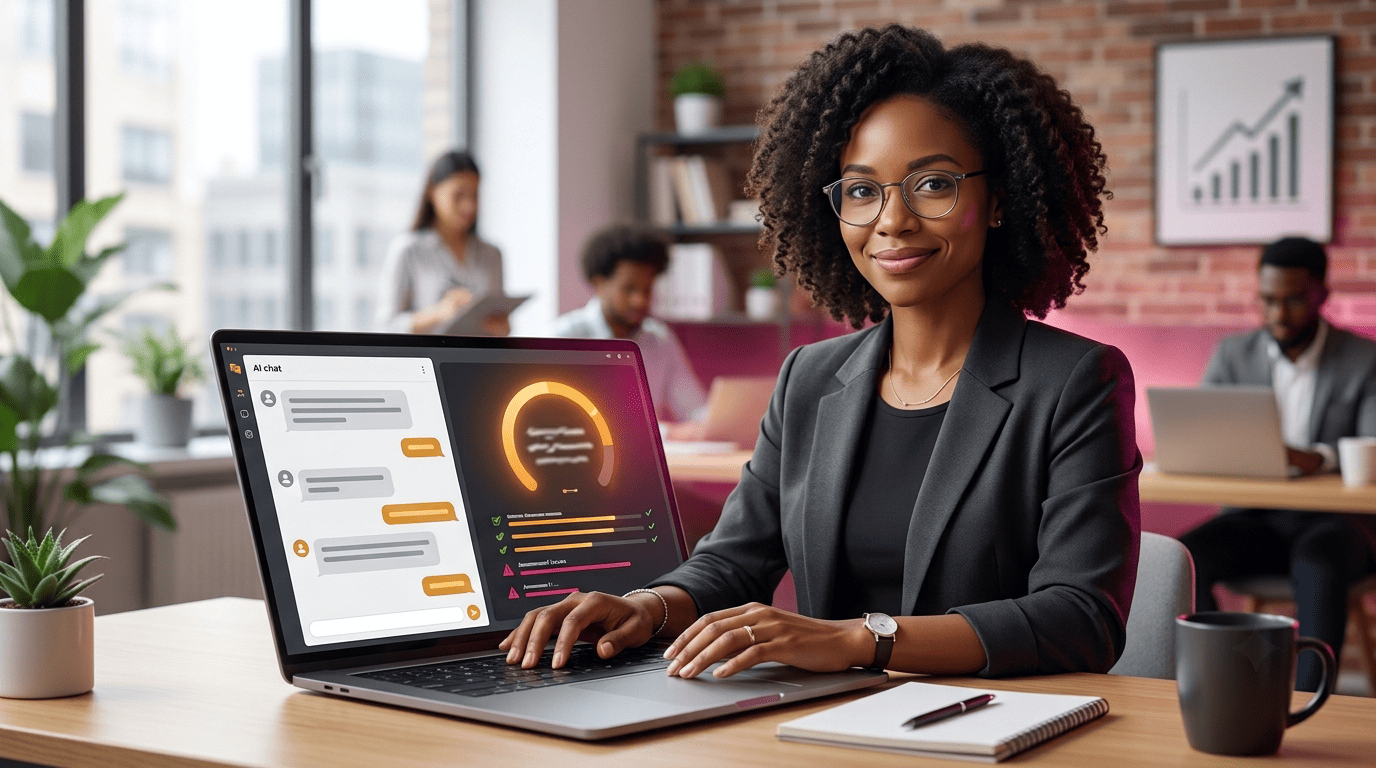 Career analyst using an AI chat assistant on one side of the screen and an ATS score gauge on the other