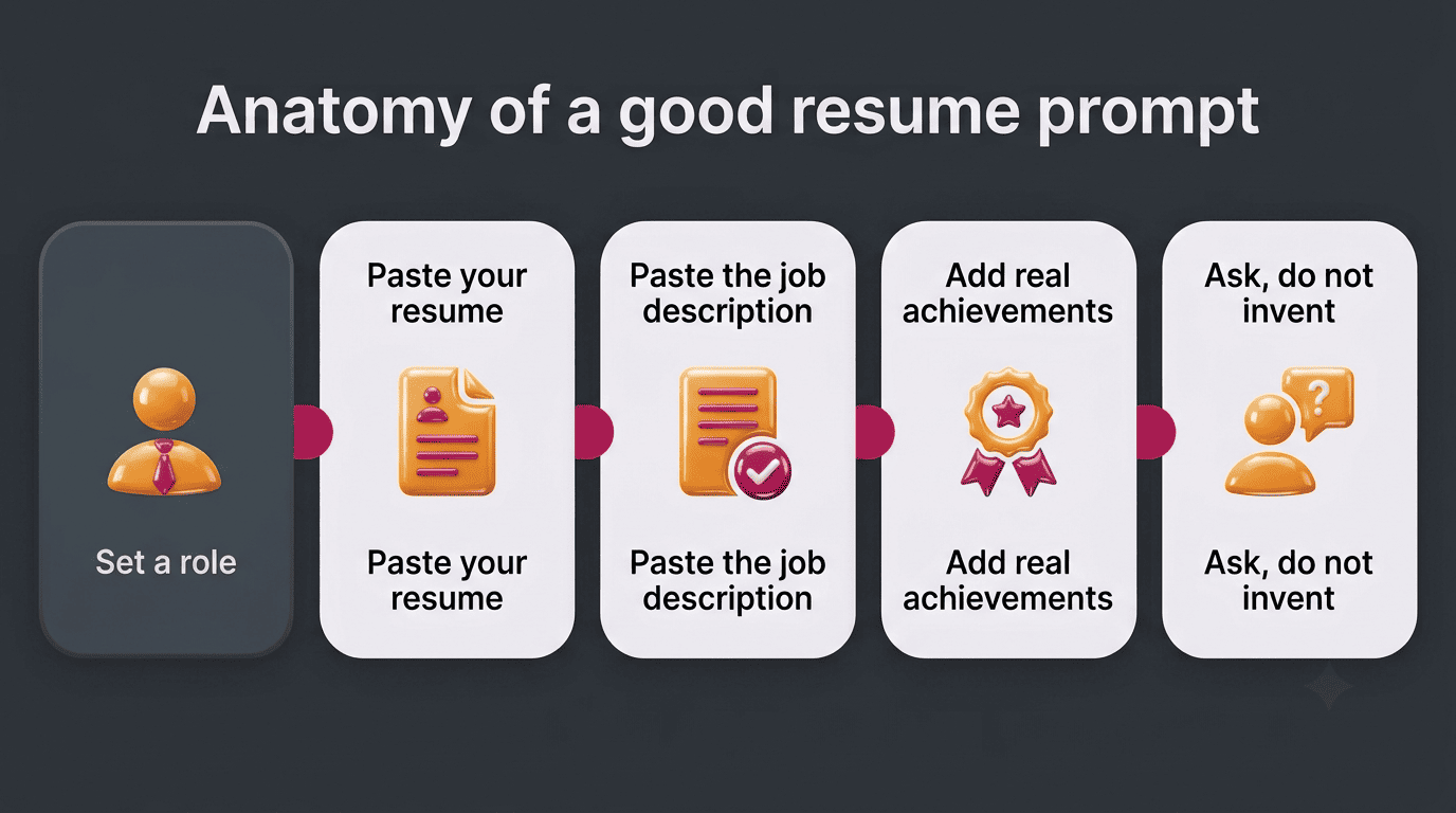 Anatomy of a good resume prompt: set a role, paste resume, paste job description, add real achievements, ask don't invent