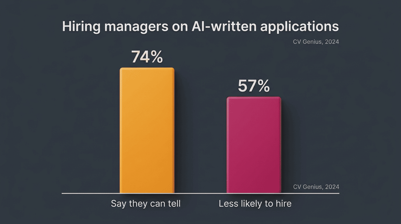 Bar chart: 74% of hiring managers say they can tell AI was used, 57% less likely to hire