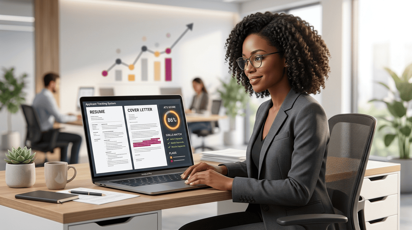 Career analyst reviewing a resume and cover letter scanned side by side with an ATS score gauge