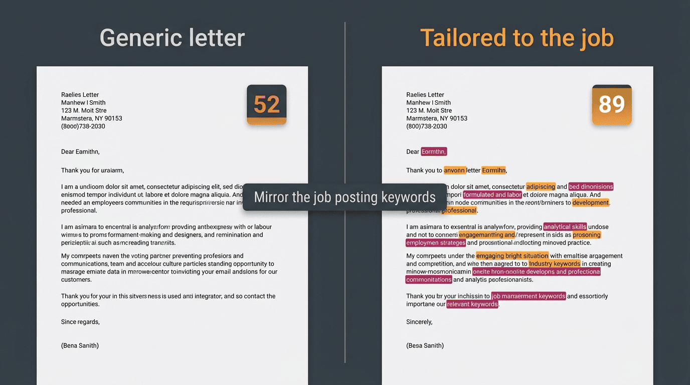 Generic cover letter scoring 52 versus a tailored letter with matched keywords scoring 89