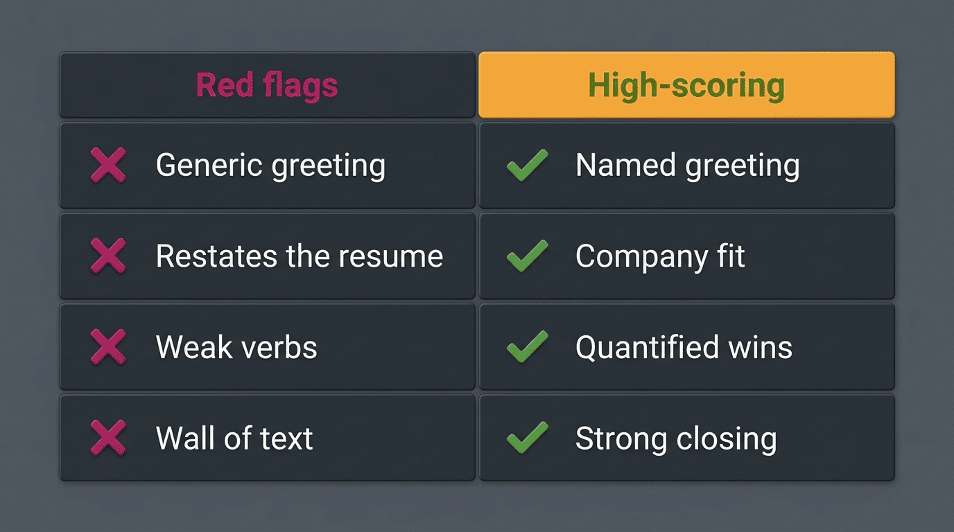 Red flags versus high-scoring cover letter elements checklist