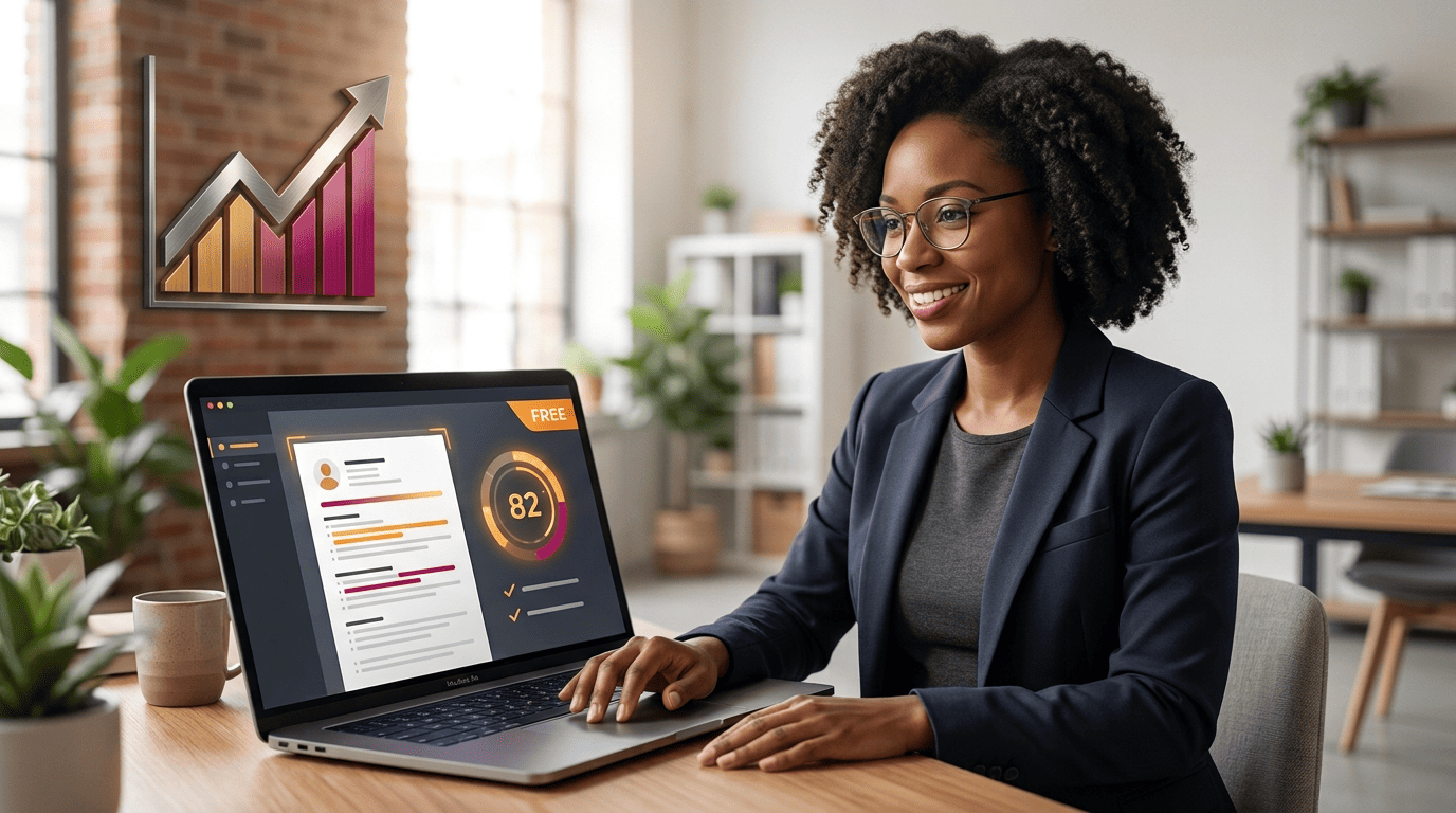 A job seeker uploading a resume to a free checker that shows an ATS score gauge and a FREE badge