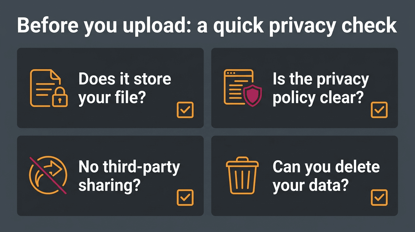 Privacy checklist before uploading a resume: does it store your file, clear policy, no third-party sharing, can you delete data