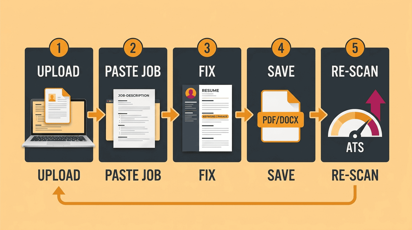 Five-step workflow: upload, paste job description, fix issues, save as PDF or DOCX, re-scan and repeat