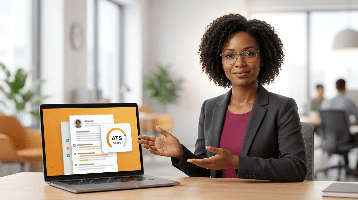Career analyst Maya explaining what a laptop's ATS resume score actually measures