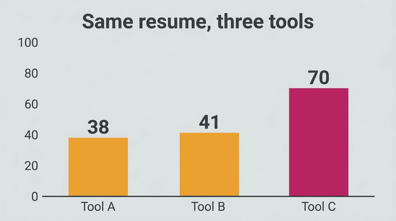 Bar chart showing the same resume scoring 38%, 41% and 70% on three different tools