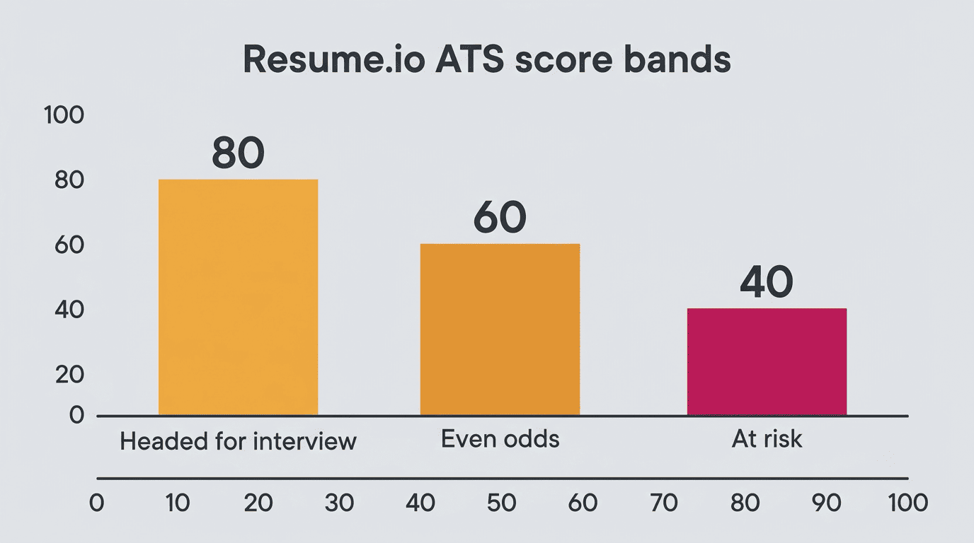 Resume.io ATS score bands: 80%+ headed for interview, 60% even odds, 40% at risk