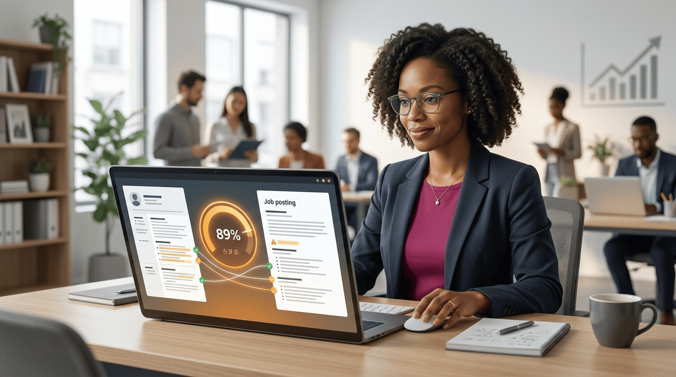 Career analyst reviewing a resume matched against a job posting with an ATS score gauge