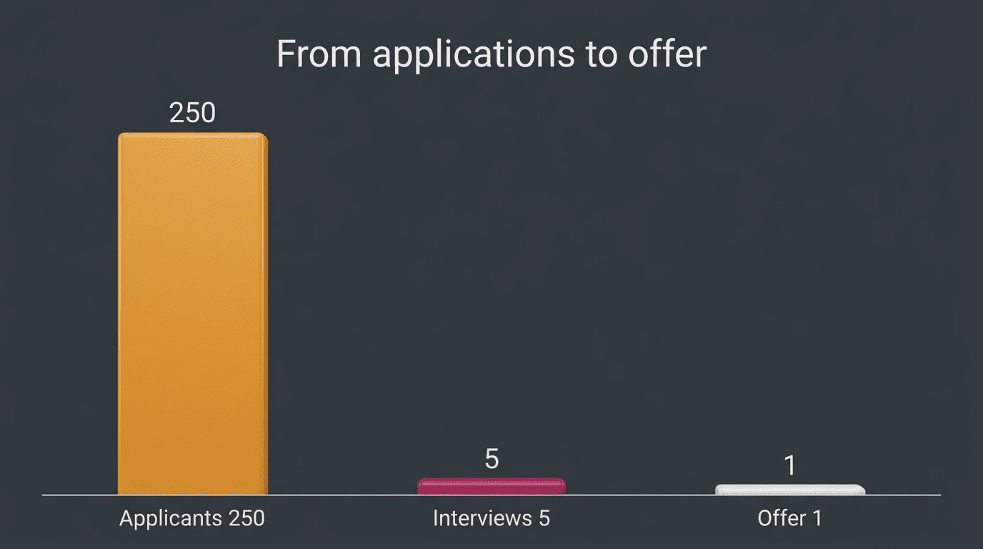 Bar chart of a hiring funnel: 250 applicants, 5 interviews, 1 offer