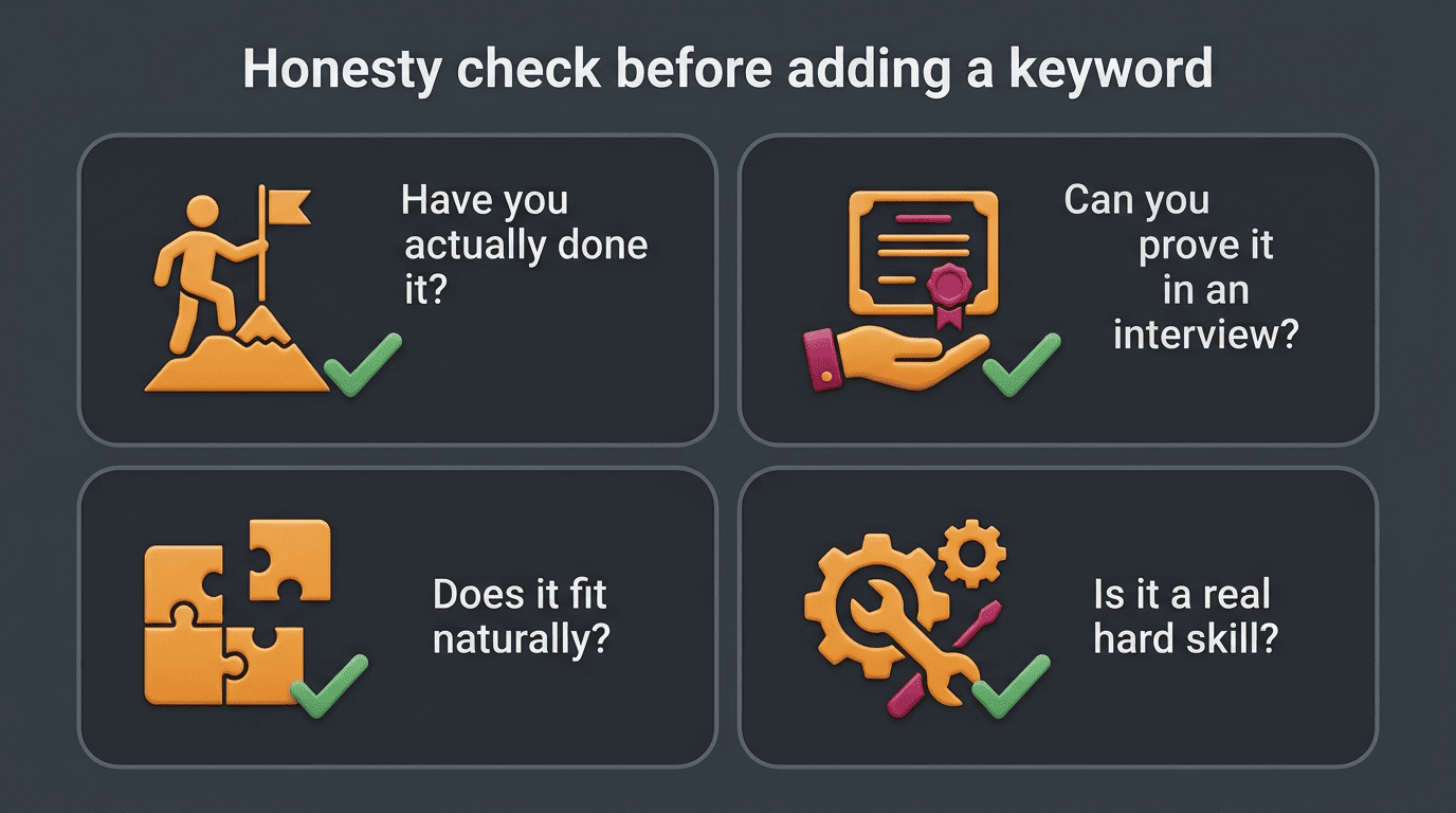 Four-question honesty checklist before adding a keyword to your resume