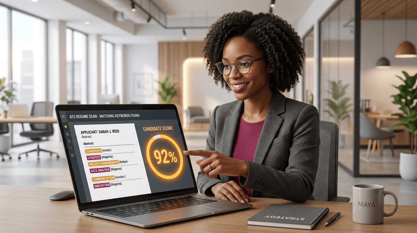 Career analyst reviewing a resume on a laptop showing an ATS keyword scan and a circular match score