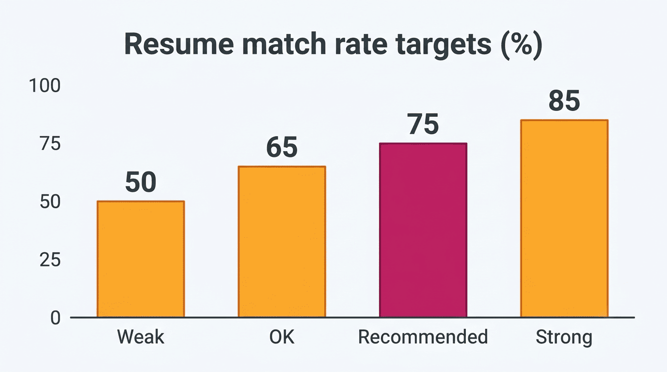 Bar chart of resume match rate targets: Weak 50, OK 65, Recommended 75, Strong 85 percent