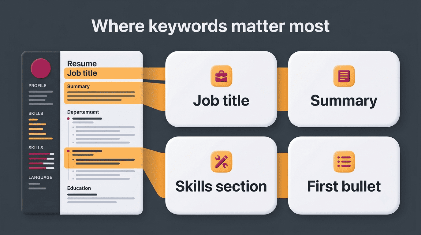 Infographic showing high-priority resume zones: job title, summary, skills section, first bullet