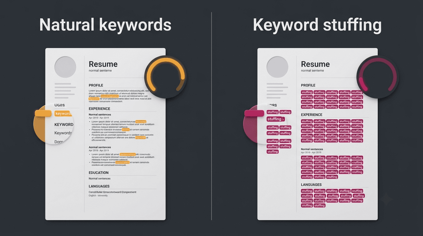 Side-by-side comparison of natural keywords versus keyword stuffing on two resumes