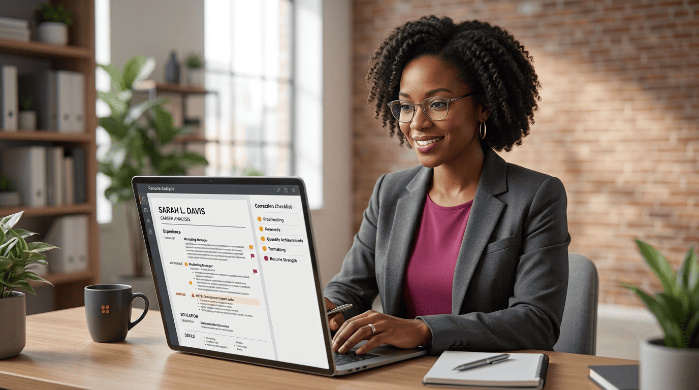 Career analyst reviewing a resume on a laptop with a correction checklist flagging formatting, keyword, and grammar issues