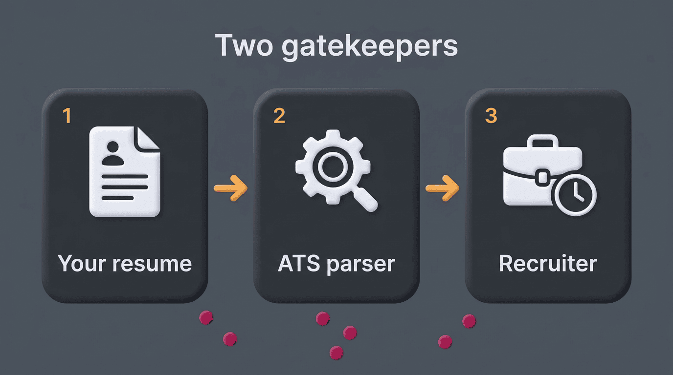 Diagram of a resume passing two gatekeepers: the ATS parser then a recruiter, with mistakes filtered out
