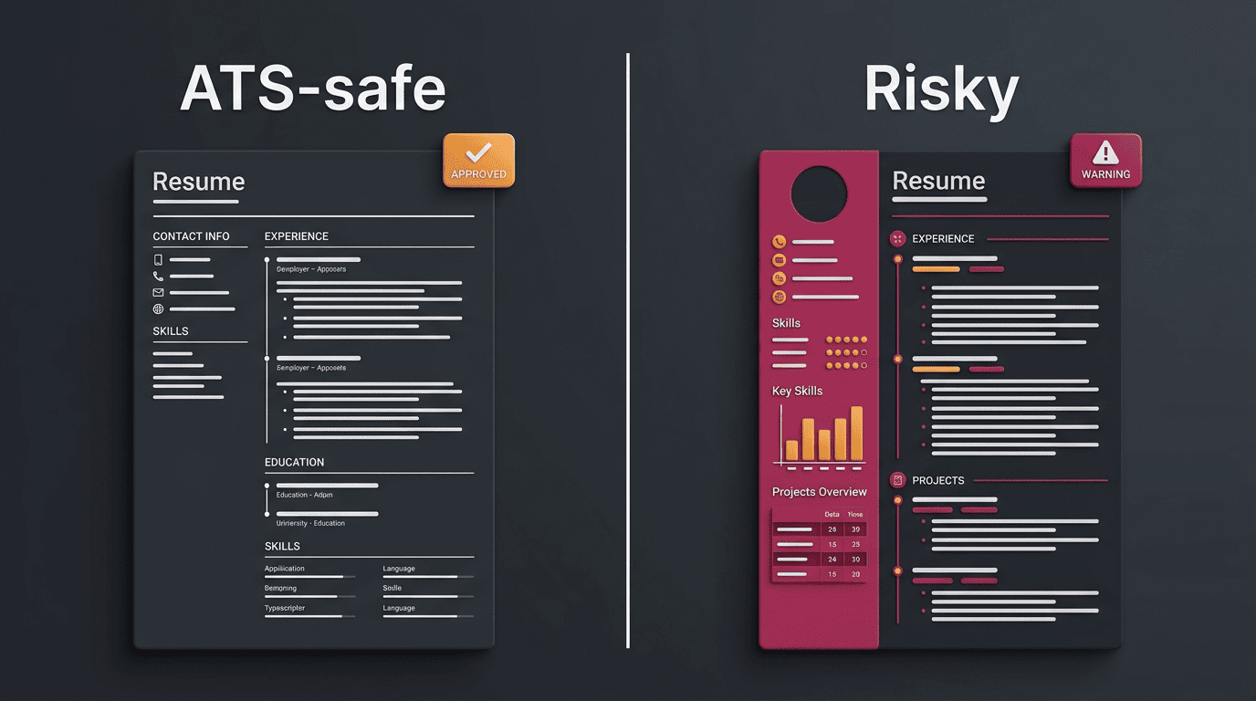Side-by-side comparison of an ATS-safe single-column resume versus a risky multi-column resume with graphics