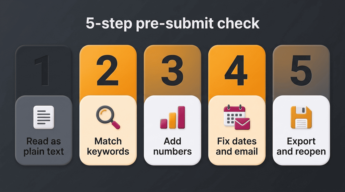 Five-step pre-submit checklist: read as plain text, match keywords, add numbers, fix dates and email, export and reopen