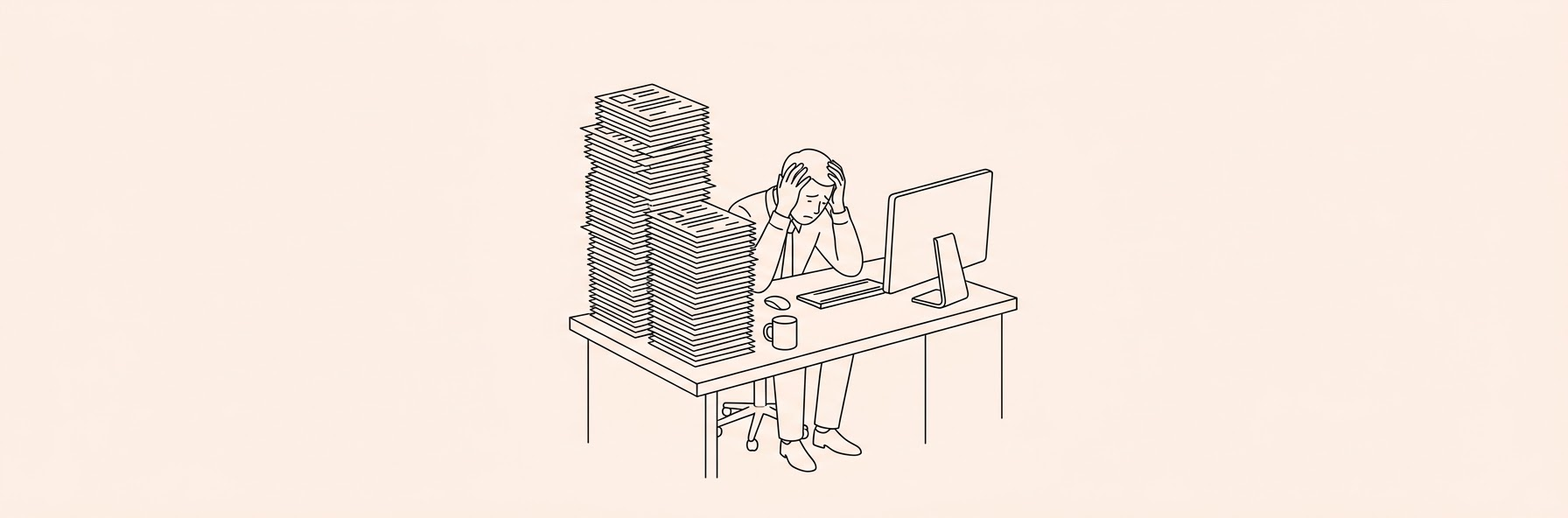 A stressed hiring manager reviewing a massive stack of identical glowing resumes on a modern office desk
