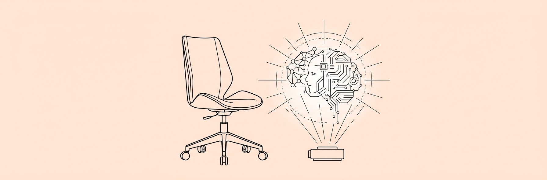 empty modern office chair next to a glowing artificial intelligence hologram