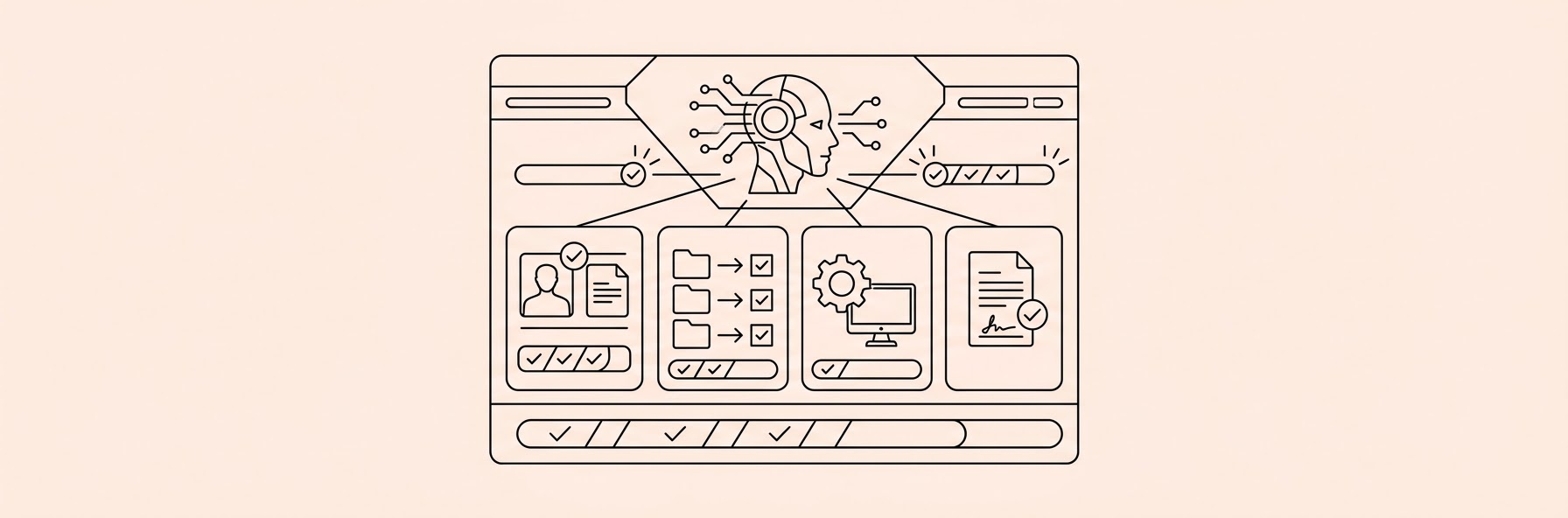 A futuristic digital dashboard displaying employee onboarding tasks being completed by an AI assistant