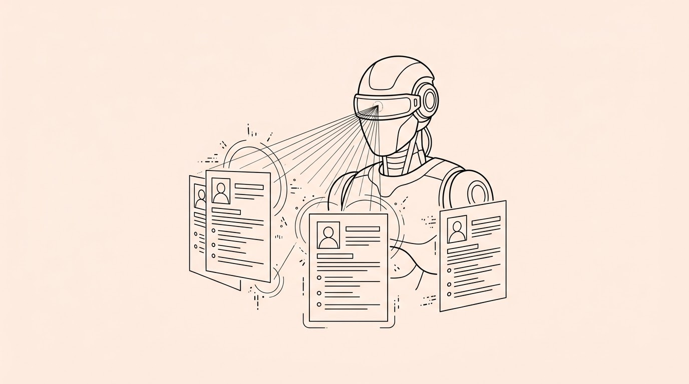 digital robot scanning glowing resumes