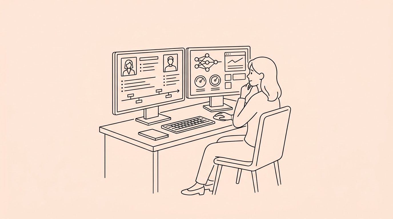 recruiter reviewing candidate profiles alongside an AI dashboard