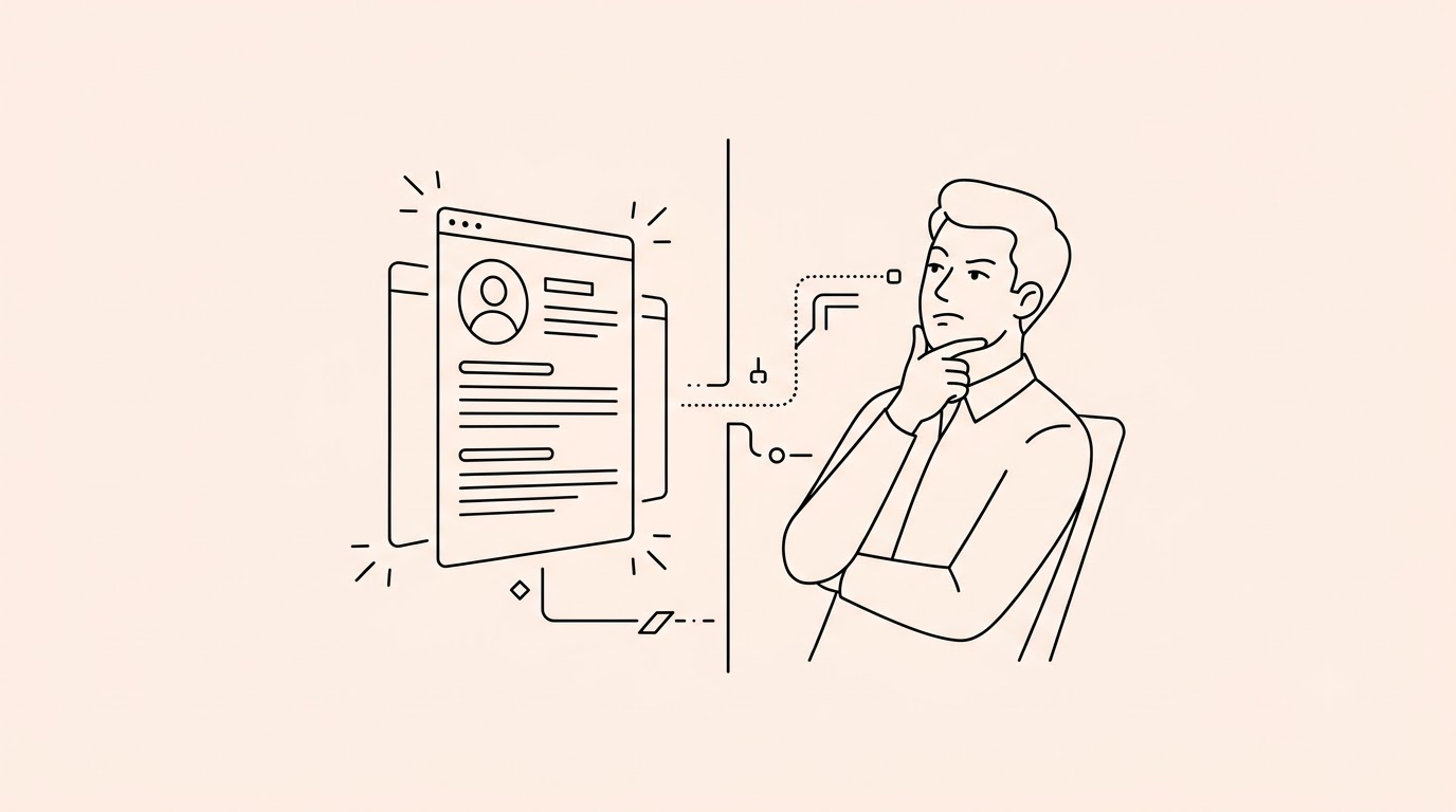 a conceptual split scene showing a glowing digital resume interface on one side and a skeptical human job applicant on the other