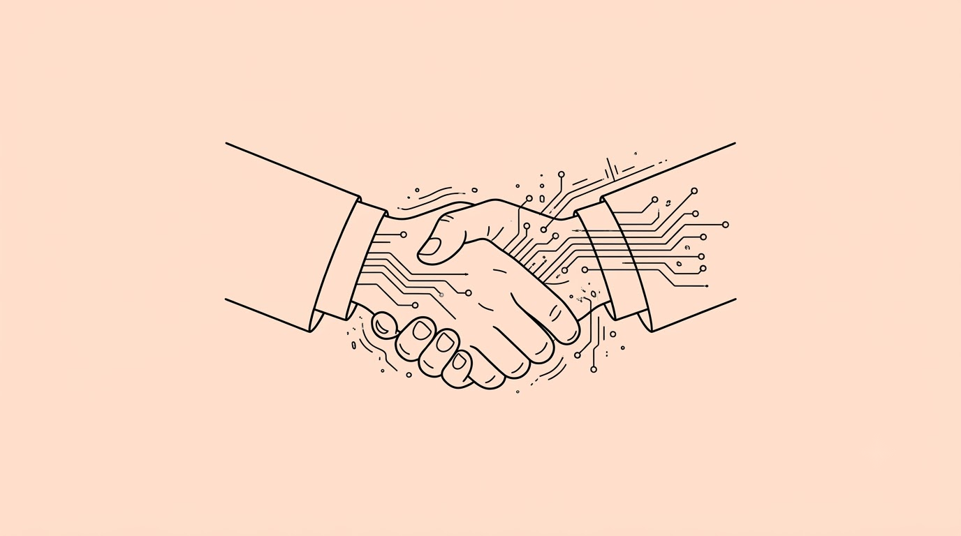 a corporate acquisition handshake with glowing digital data streams