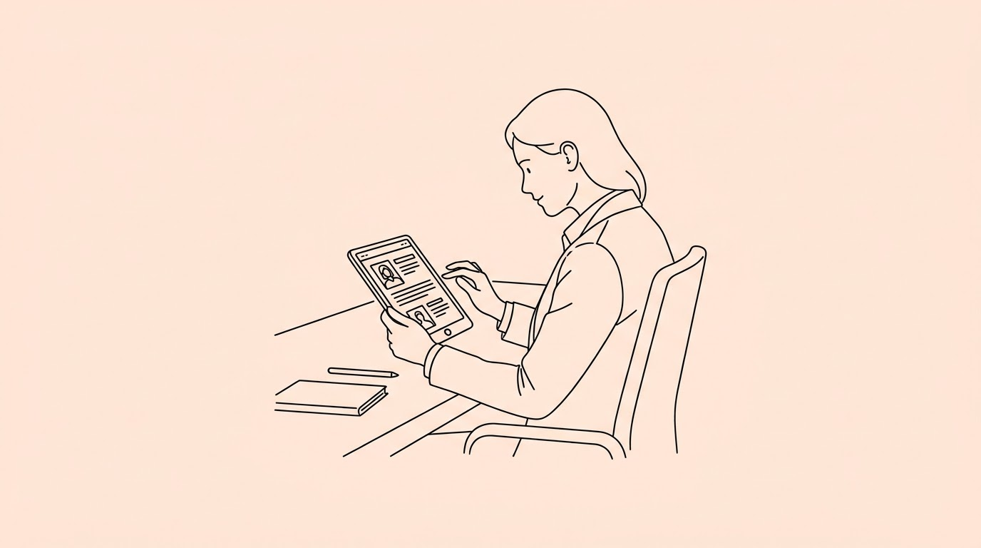 A professional recruiter reviewing digital candidate profiles on a tablet