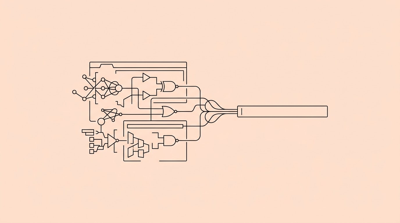 A digital interface showing complex Boolean search strings transforming into a simple text prompt