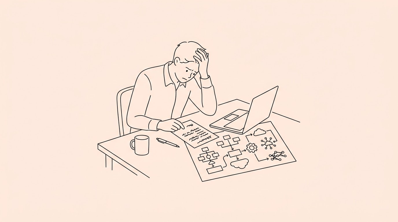 A frustrated employee reviewing a job description document on a desk next to modern AI workflow diagrams