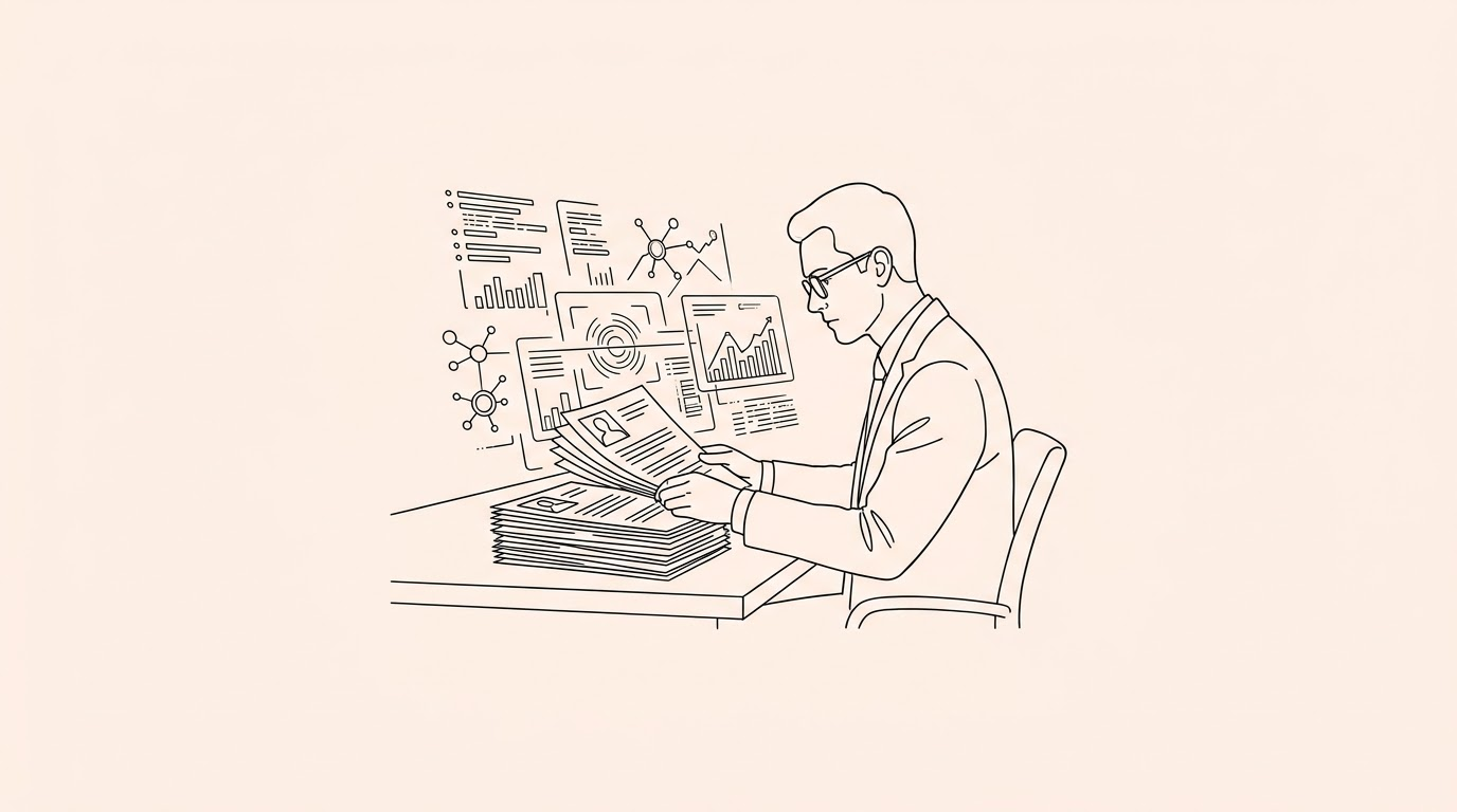 a hiring manager looking at glowing AI analytics overlaid on a stack of resumes