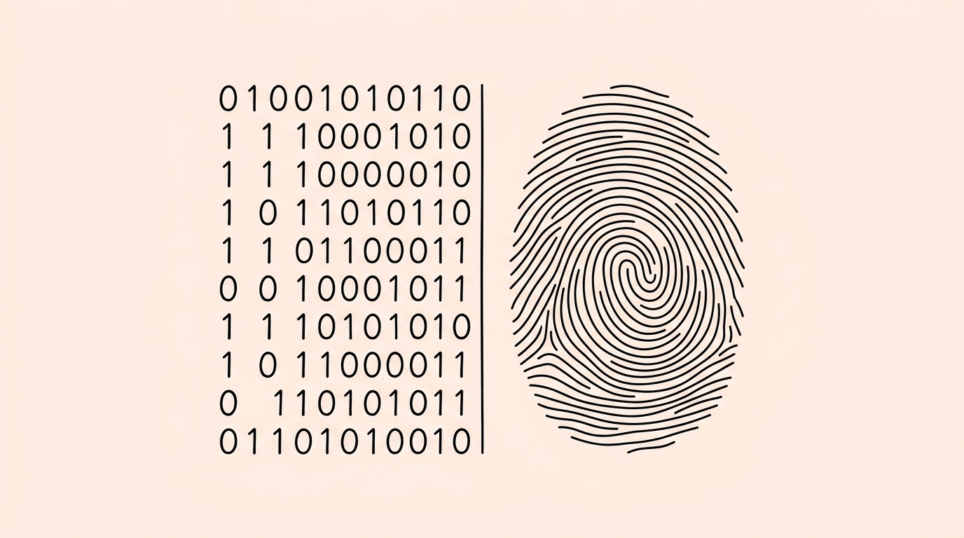a conceptual split screen showing binary code on one side and a colorful human fingerprint on the other