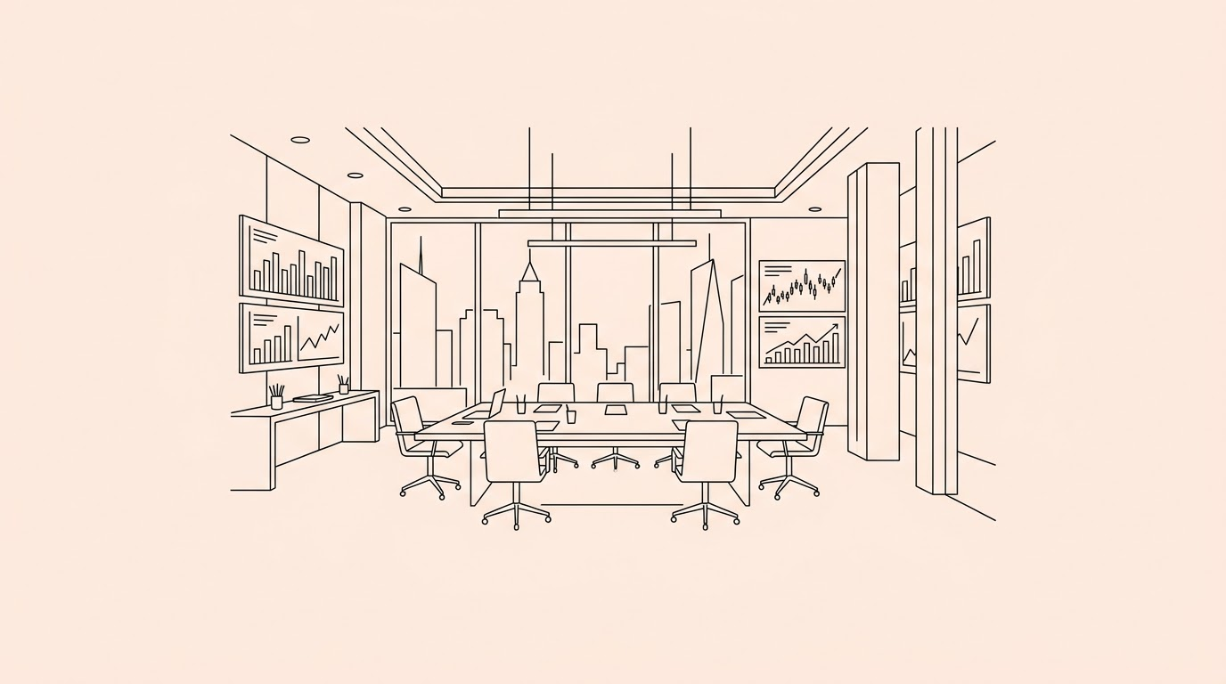 A sleek Wall Street corporate office featuring digital data displays